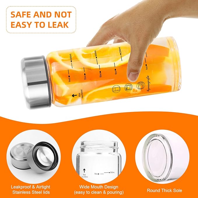 Glass Juice Bottles 4 Pack 16 oz - Wide Mouth Glass Water Bottles with Lids - for Juicing, Smoothies, Milk, Protein, BPA Free, Reusable, Stainless Steel Lids, Leak Proof, Shaker bottle [16oz/500ml]
