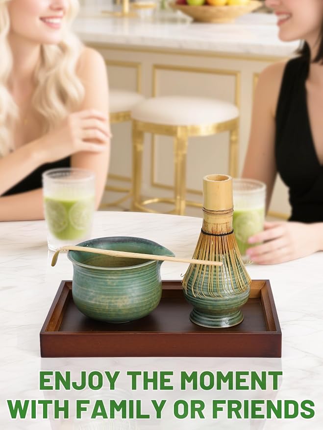 MADHOLLY Matcha Whisk Set with Tray - Matcha Bowl with Spout, Whisk and Holder, Bamboo Scoop, Japanese Matcha Kit Tea Ceremony Gift for Matcha Lovers