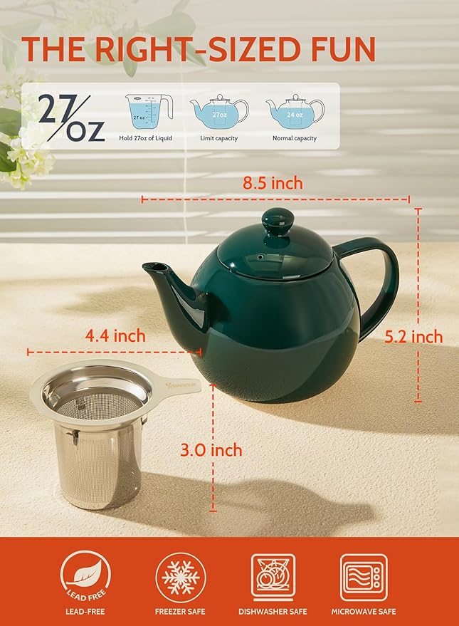 Sweese Teapots for Tea, 27 oz Porcelain Tea pot with Removable Stainless Steel Infuser, Tea Pots for Loose Tea - Dark Green