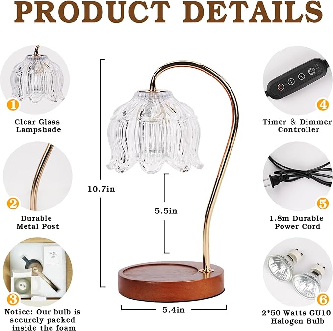 Candle Warmer Lamp with Timer Dimmer, Lotus Flower Dimmable Candle lamp Warmer, 2 Bulbs, Height Adjustable Wax Melt Warmer for Jar Scented Candles, Birthday Gifts Ideas for Women Mom, Home Decor
