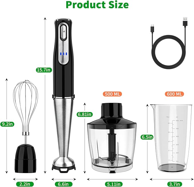 Cordless Immersion Blender Handheld, Rechargeable 4 In 1 Electric Hand Blender Stick Blender Variable Speed with Chopper, Beaker, Whisk, Stainless Steel Blade for Soup, Baby Food, Smoothies