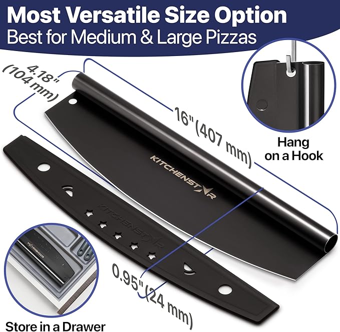 KitchenStar 16-Inch Pizza Cutter Rocker Blade - Sharp Stainless Steel Slicer Knife, Protective Cover, Black Nonstick, Large - Professional Pizza Oven Accessories