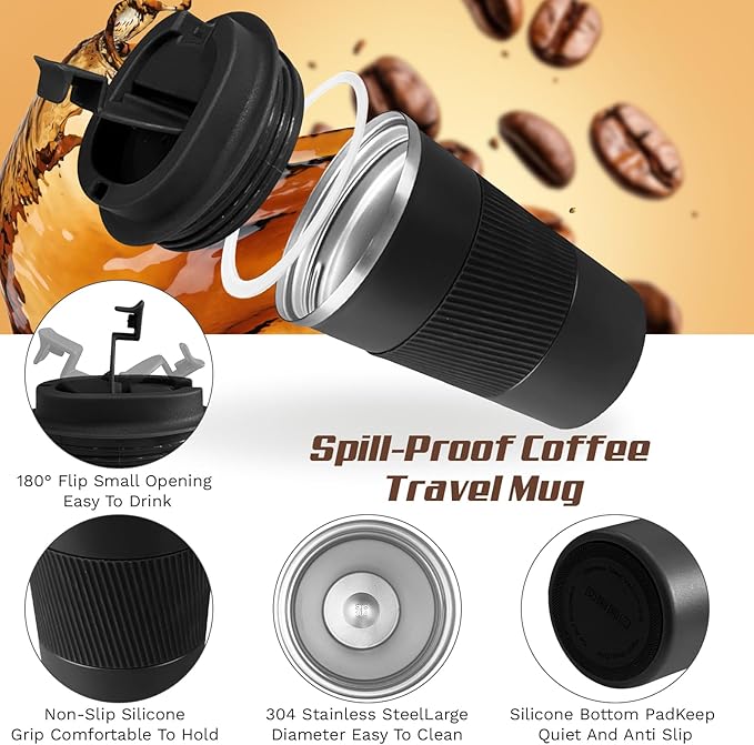 Vacuum-Insulated Stainless Steel Travel Coffee Mug, Leak-Proof Reusable Coffee Cup with Lid - Keep Hot & Cold Drinks for Hours, Durable Thermos Tumbler for Men & Women (3rd-Black, 12OZ)