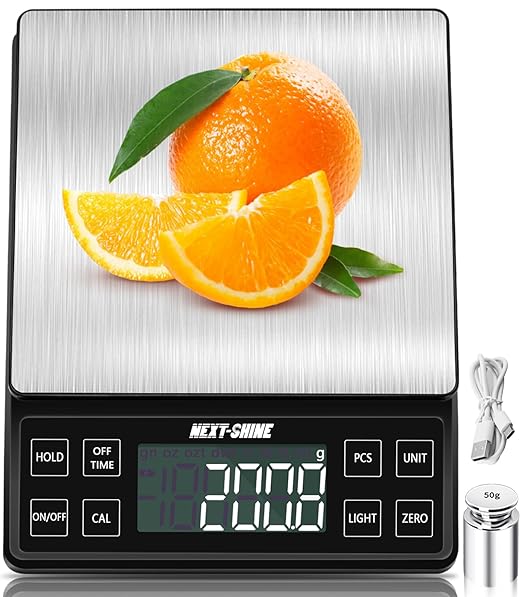 NEXT-SHINE Food Kitchen Scale 11lb 0.1g/0.01oz Precise Graduation, 9 Units Rechargeable Digital Scale Stainless Steel Platform LCD Display