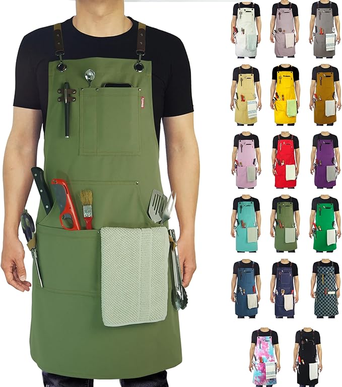 Kitchen Apron, Work Apron, Canvas, Multiple Pockets, Gardening, Painting, BBQ, Artist, Carpenter, Sizes M to XXL, Olive