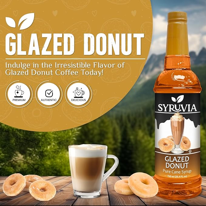 Syruvia Glazed Donut & Butter Pecan Coffee Syrup - 25.4 fl oz Premium Coffee Flavoring Syrup. No Coloring, Kosher, and Gluten-Free. Perfect for Drinks, Sodas, Shakes, Desserts, & More.
