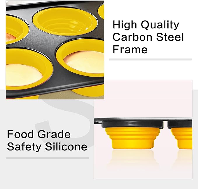 Silicone Muffin Pan, 12 Cup Muffin Pans with Metal Frame, Silicone Cupcake Pan for Baking, Non Stick Baking Cups with Press To Release Design, Cake Pop Mold, Egg Bites Mold, Yellow
