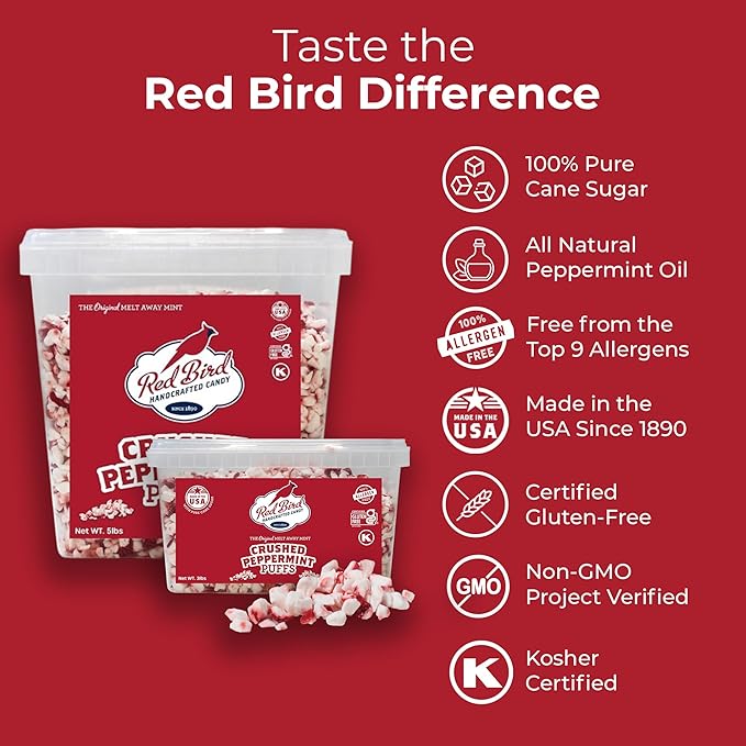 Red Bird Crushed Peppermint Puffs, Soft Crushed Peppermint Candy Topping for Baking, Ice Cream & Drinks, 5 lb Tub