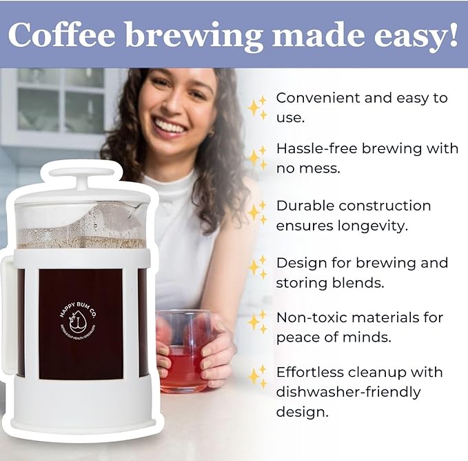 Happy Bum Coffee Plunger | 1 Liter(33.8oz) Glass French Press Stainless Steel Strainer | Easy to Use & Clean French Coffee Press Glass for Brewing and Storing Coffee Blend