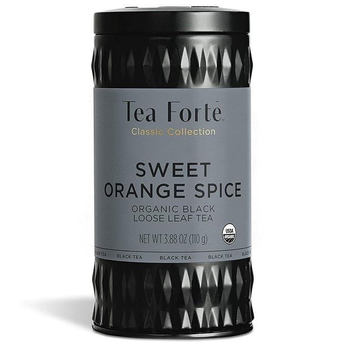 Tea Forte Sweet Orange Spice Premium Loose Leaf Caffeinated Black Tea Blend Canister, Makes 35-50 Cups, Round Canister