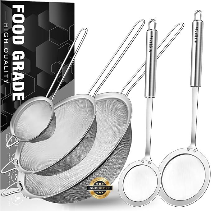 Walfos Fine Mesh Strainer and Fat Skimmer Spoon Set, Multipurpose Metal Strainers for Kitchen, Rice, Quinoa, Food, 304 Stainless Steel Fat Skimmer For Cooking, Fat, Grease, Floating Foam, 5 Pack