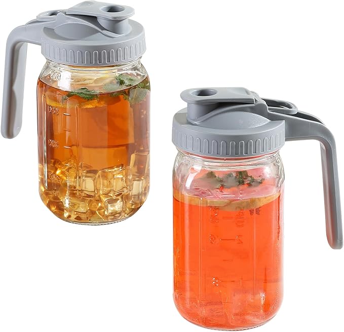 Glass Mason Jar Pitcher with Pour Spout Handle Lid, Breast Milk Pitcher Jug for Ice Tea, Cold Brew Coffee, Fridge Water, Juices, Leak Proof Storage Container (32oz 2Pack)