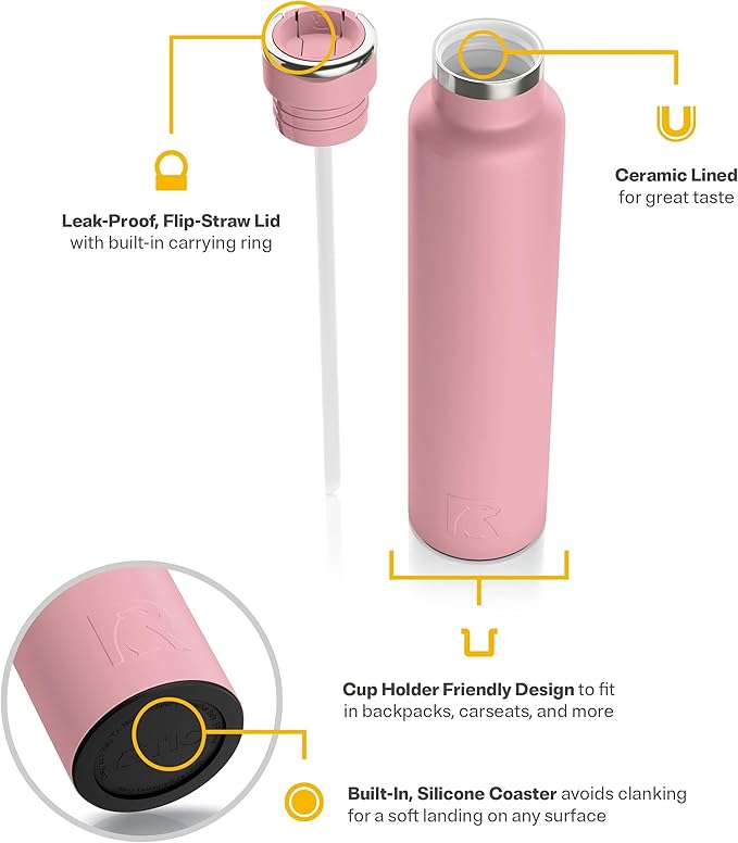 RTIC 26oz Journey Bottle Metal Stainless Steel Vacuum Insulated, BPA Free, Reusable, for Water, Hot and Cold Drinks, Travel, Sports, Camping, Dusty Rose