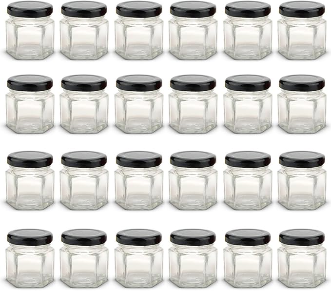 1.5 oz Hexagon Mini Glass Jars with BLACK Lids and Labels (Pack of 24)