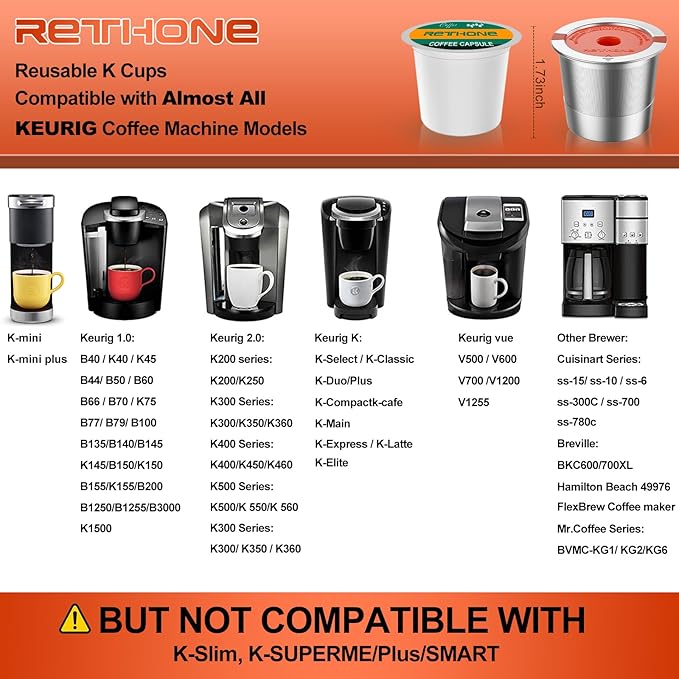 RETHONE Reusable K Cups and Coffee Pods, Stainless Steel K Cups Compatible with Keurig 2.0 and 1.0 Coffee Makers machine BPA-Free Refillable Coffee Filters (1)