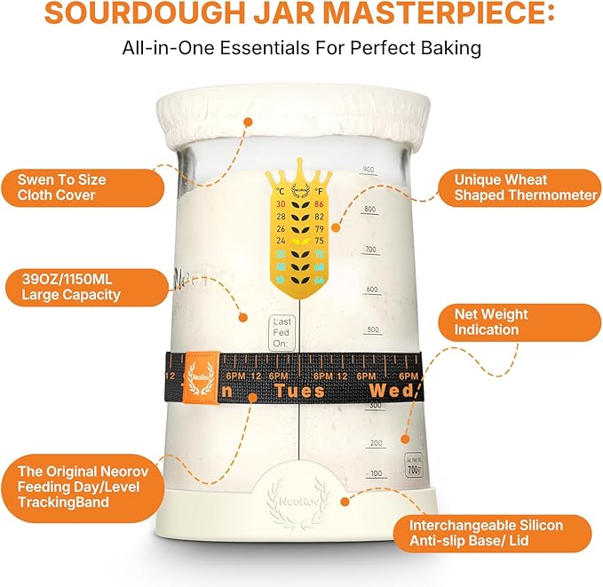 Pro Sourdough Starter Kit - 39 Oz Glass Sourdough Starter Jar (With Cloth Lid,Silicone Base,Scraper,Date Tracker,Temp Strip) - Sourdough Bread Baking Supplies For Sour Dough Bread Loaf (Cream)