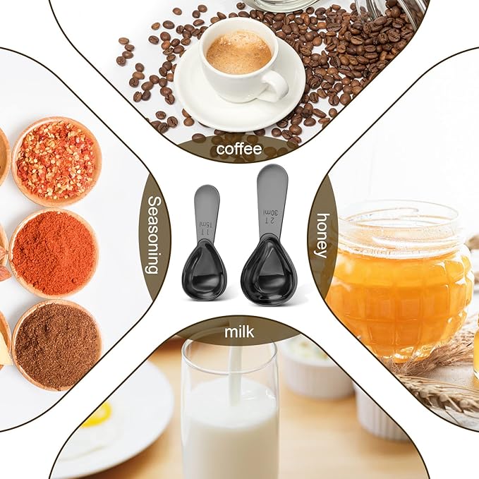 Stainless steel coffee scoop 2-piece set (1 tbsp, 2 tbsp) durable Tablespoon, ergonomic measuring spoon, Suitable for small and large jars，short-handled spoon (Black)