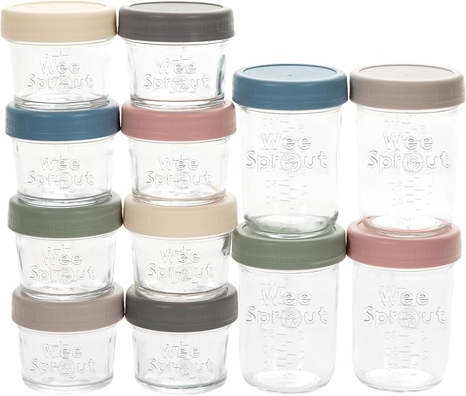 WeeSprout Glass Baby Food Storage Jars w/ Lids (4/8 oz, 12 Pack Set) Snack, Reusable Small Containers, Breast Milk, Fridge, Freezer, Microwave & Dishwasher Safe, Essential Must Have for Infants