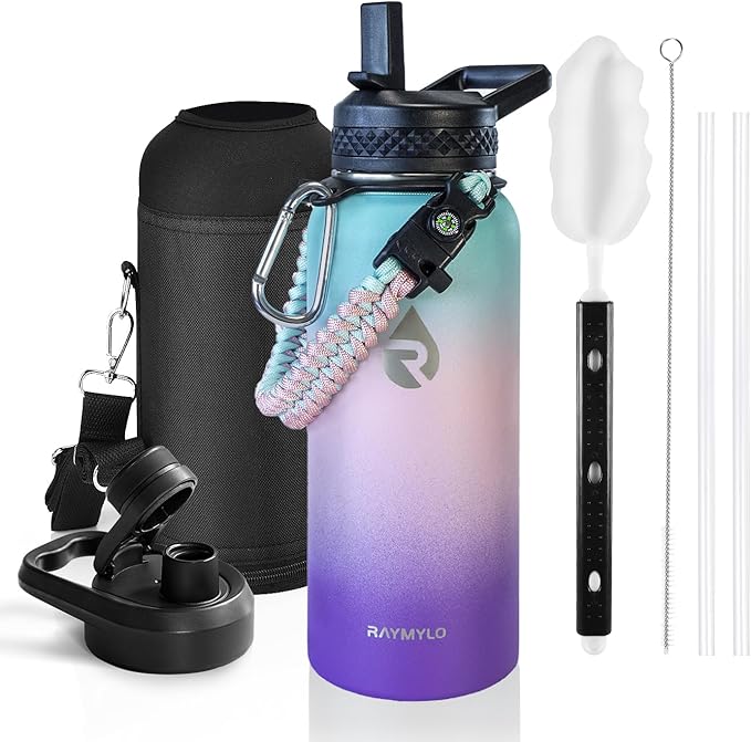 Insulated Water Bottle 32 oz, Triple Wall Vacuum Stainless Steel (Cold for 48 Hrs), Leak Proof & Non-BPA, Modern Water Flask Jug with Paracord Handle & Straw Spout Lids, Hydrangea
