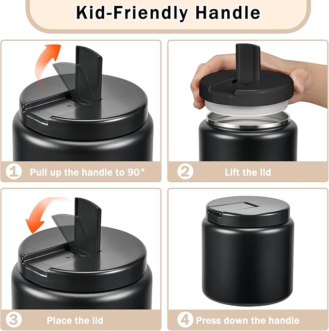 26oz Kids Thermos for Hot Food, Insulated Vacuum Food Jar with Buckle Lid, Stainless Steel Wide Mouth Leak Proof Insulated Lunch Container for School Picnic Travel, Black