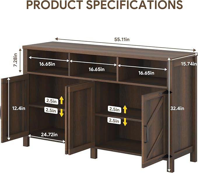 Buffet Sideboard with Storage Farmhouse with 4 Doors, 55'' Large Kitchen Storage Cabinet Wood Coffee Bar Cabinet Buffet Table with Shelves for Kitchen, Dining Room, Entryway (Brown, 55in)