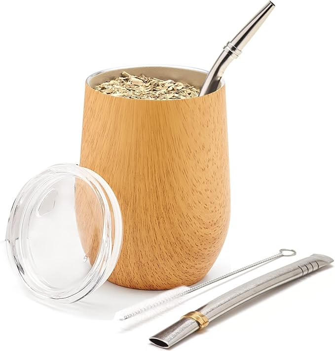BALIBETOV 5 pcs large Yerba Mate Cup and Bombilla Kit, Includes one 12 oz Yerba Mate Gourd with Lid, Two Bombillas Mate Straw and one cleaning brush | Stainless steel | Double Walled