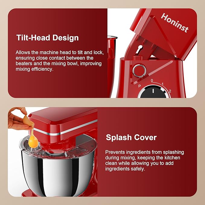 10-Speed Stand Mixer with 8-in-1 Splash Guard, Tilt-Head, 6QT Stainless Steel Bowl + Dishwasher-Safe Dough Hook/Whisk/Beater/Spatula for Baking Bread, Cakes, Cookies, Red