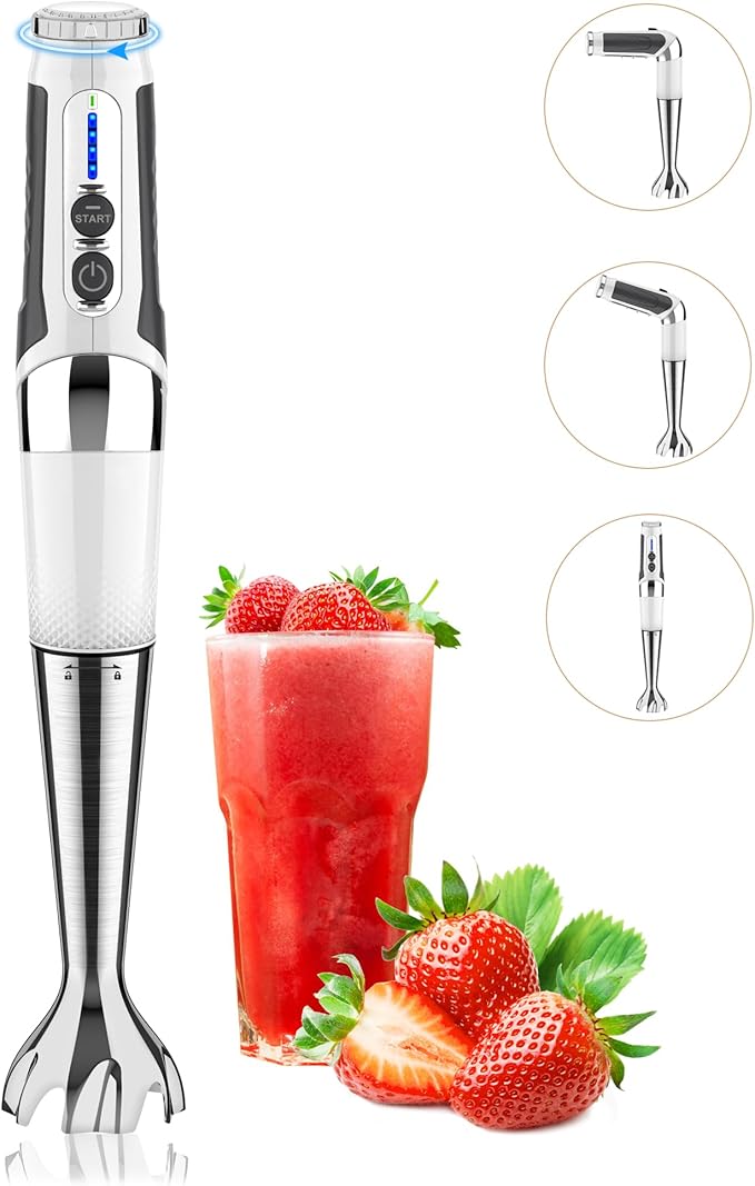 Cordless Immersion Blender Handheld: Powerful Rechargeable Electric Hand Blender, 21-Speed & 3-Angle Adjustable with Stainless Steel Blades for Milkshakes, Smoothies, Soup, Puree, Baby Food (White)