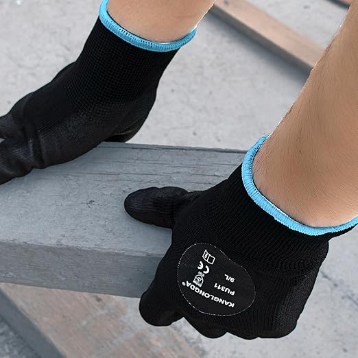 Kebada Safety Work Gloves, 12 Pairs Work Gloves with Grip, PU Coated Grip Gloves for Warehouse, Construction, Gardening and Mechanics, Black, Medium