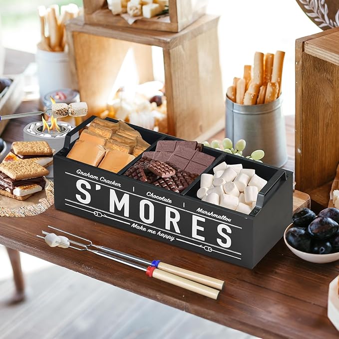 S'Mores Station, Farmhouse Smores Caddy with Handles, Smores Kit for Fire Pit Smores Maker Box, Smores Bar Station with 5Pcs Extendable Marshmallow Roasting Sticks, Camping Essentials Gear Accessories