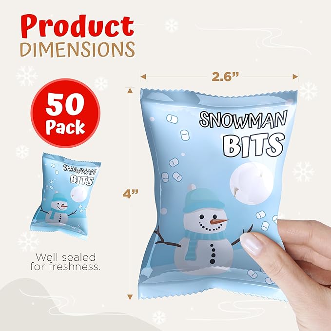 4E's Novelty 50 Packs "Snowman Bits" Mini Marshmallow Packets, Vanilla Flavored, 14 Marshmallows in Each Bag, Bulk Individually Wrapped Christmas Marshmallows For Hot Chocolate Bar Supplies Party Treats