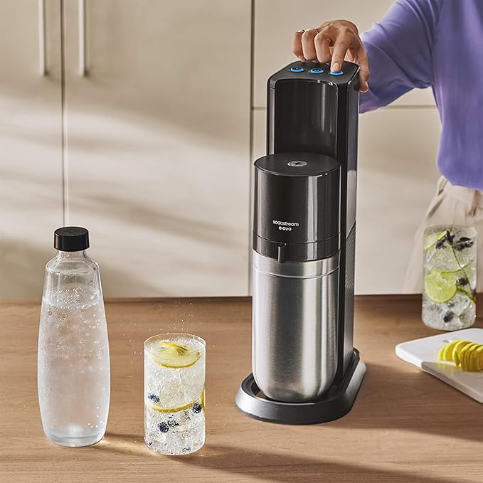 SodaStream E-Duo Sparkling Water Maker (Black) with 60L CO2, 1 BPA- Free Carbonating Bottle and (1)1L Glass Bottle