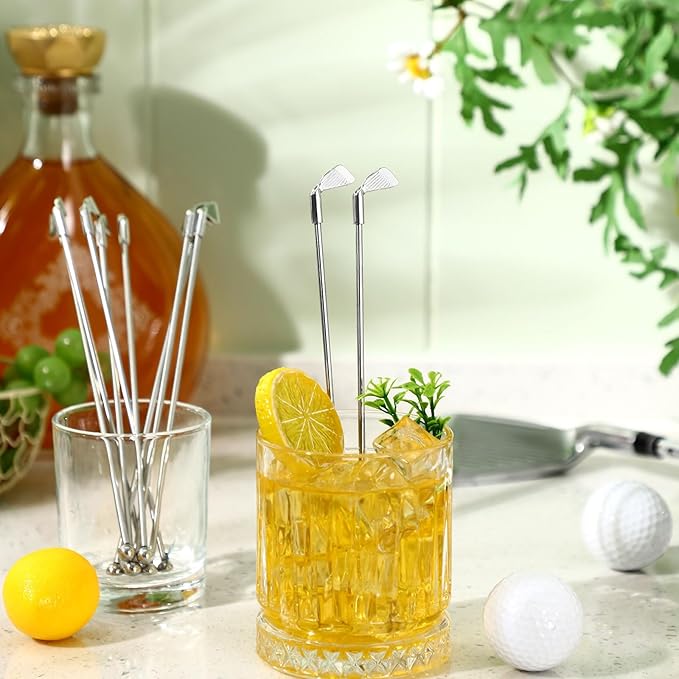 Hushee 10 Pcs Metal Golf Cocktail Stirrers Swizzle Stir Sticks 7.87 Inch Reusable Drink Stirrer Sticks Party Decorations Golf Party Clubhouse and Outing Decorations