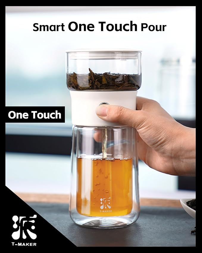 ZENS Modern Tea Pot, Glass Teapot with Infusers for Loose Tea Diffusers with One Touch Pouring, Cool Portable Tea Maker with Insulated Tea Mug and Travel Tea Kits for Tea Lover Gifts