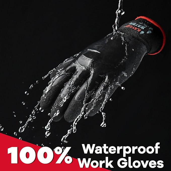 KAYGO Waterproof Work Gloves for Men and Women, Rubber Coated Non-slip Working Gloves for Garden, Outdoor Construction,KG150,Black,XL