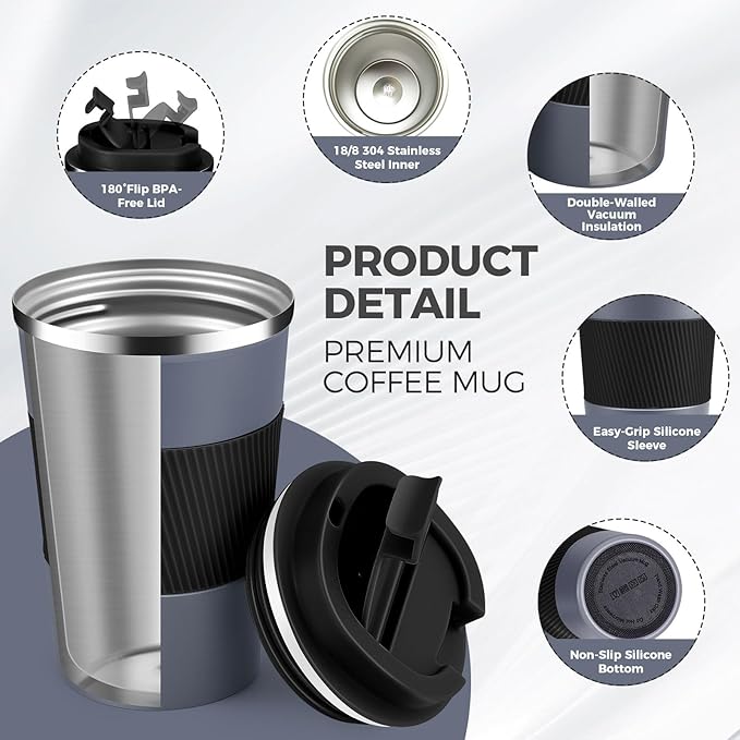 Volhoply 13 oz Stainless Steel Insulated Travel Coffee Mug with Fip Lid,Reusable Double Wall Vacuum Metal Coffee Cup,Portable to Go Leak Proof Cafe Thermal Tumbler for Hot & Cold Drinks(Gray,1)