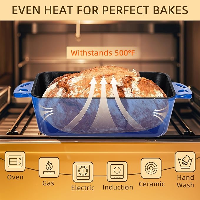 9x5 Enameled Cast Iron Loaf Pan with Lid - 2 in 1 Sourdough Bread Pan for Homemade Baking