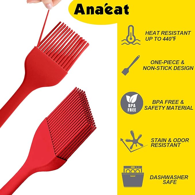 Anaeat High Heat Resistant Silicone Basting Pastry Brush Set of 2- Hygienic One-Pieces Design Spread Oil Butter for BBQ Grill Barbecue Baking Kitchen Cooking - BPA Free & Dishwasher Safe (10"+8.2")