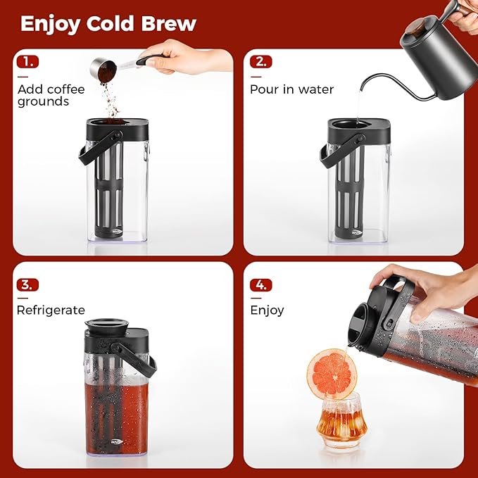 IKAPE 33.8oz Cold Brew Coffee Maker with Removable Filter, Leak-proof Spout for Iced Coffee, Tea & Flavored Drinks, Space Saving Tritan Pitcher