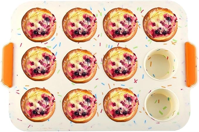 Silicone Muffin Pan,12 Cups Muffin Baking Pan with Handle Reusable Cupcake Baking Pan for Roasting Homemade Muffins, Cupcakes and Egg Bites(COLOR:Beige)