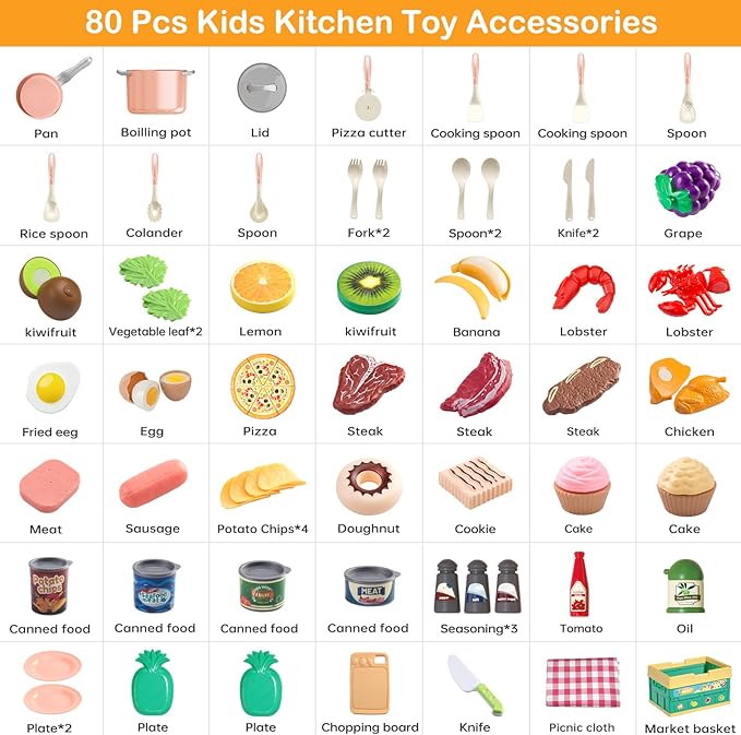 80pcs Pretend Play Kitchen Set for Toddlers, Kids Cookware Playset with Pots/Pans/Food/Fruits/Vegetables/Picnic Blanket/Storage Basket, Pink Educational Learning Toy Gift for Boys & Girls