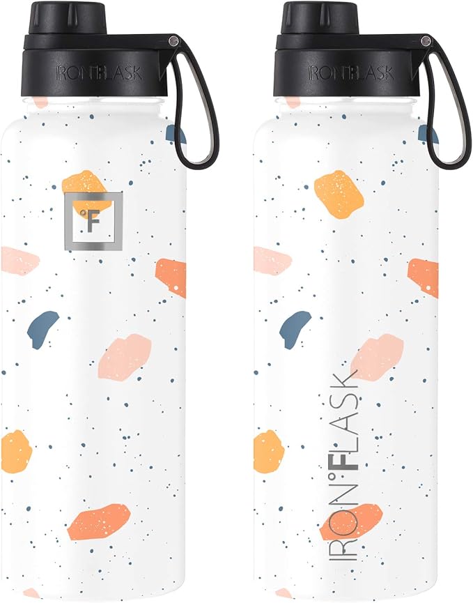 IRON °FLASK Camping & Hiking Hydration Flask with 3 Lids - Stainless Steel, Double Walled & Vacuum Insulated Water Bottle - Leak Proof & BPA Free (Terrazzo, Spout - 32 oz)