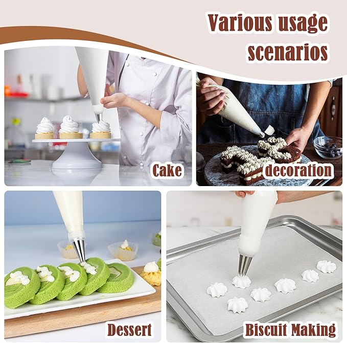 9-Piece Reusable Piping Bags and Tips Set- Cotton Baking Kit with Coupler, Stainless Steel Nozzles & Cleaner for Cakes/Cupcakes/Cookies Decorating