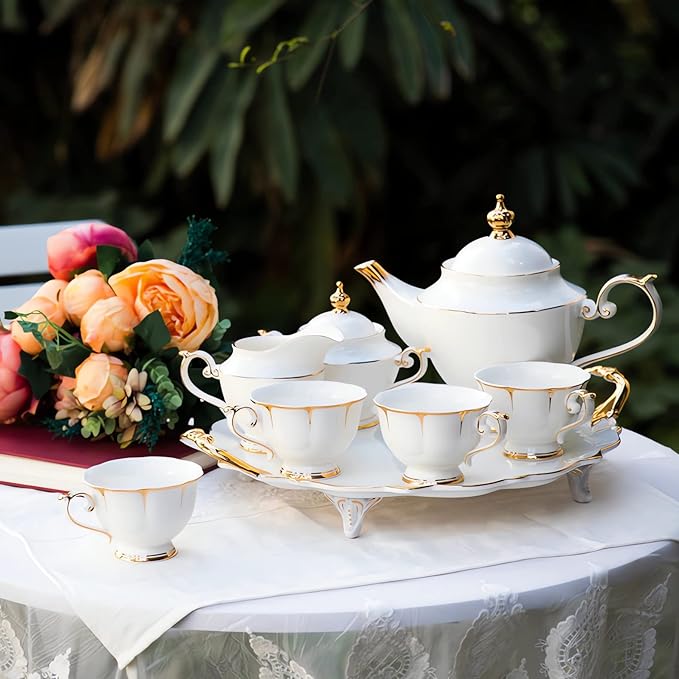 ACMLIFE Tea Sets for Adults Fine Bone China Tea Set for 6, Porcelain Teapot Sets for Adults 24K Gold, Afternoon Modern Cups and Saucers for Women Tea Party or Gifts Giving (White)