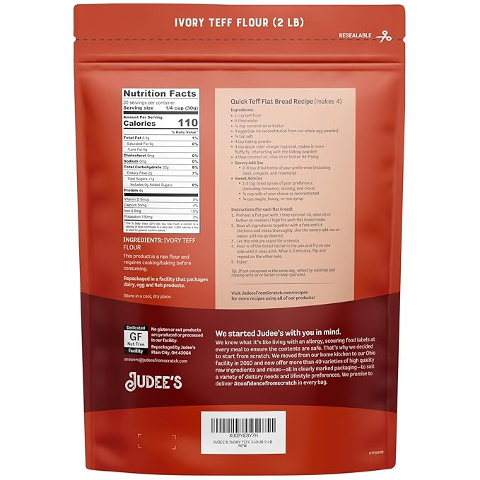 Judee's Ivory Teff Flour 2 lb - Non-GMO, Vegan, Made in USA - Resistant Starch - Great for Making Quick Teff Bread, Injera, Muffins, Pancakes, and Cookies - Gluten-Free and Nut-Free