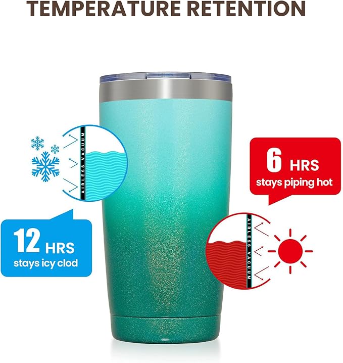 MEWAY 20oz Tumbler 12 Pack Double Wall Vacuum Insulated Travel Glitter Mug Bulk, Stainless Steel Tumblers with Lid and Straw, Powder Coated Coffee Cups for Woman(Gradient Green,Set of 12)
