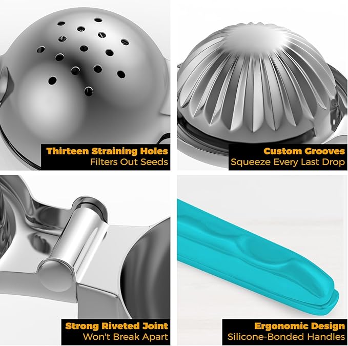 Lemon Squeezer Stainless Steel - Premium Quality, Heavy Duty Solid Metal Squeezer Bowl - Large Manual Citrus Press Juicer and Lime Squeezer (Blue)