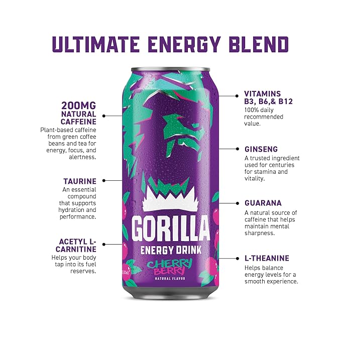 Gorilla Energy Drink, Cherry Berry, 200mg Natural Caffeine, Real Fruit Juice Squeezed & Concentrated, L-Theanine, Taurine, Ginseng, Acetyl L-Carnitine, No Added Sugar and No Artificial Colors, 12 Pack