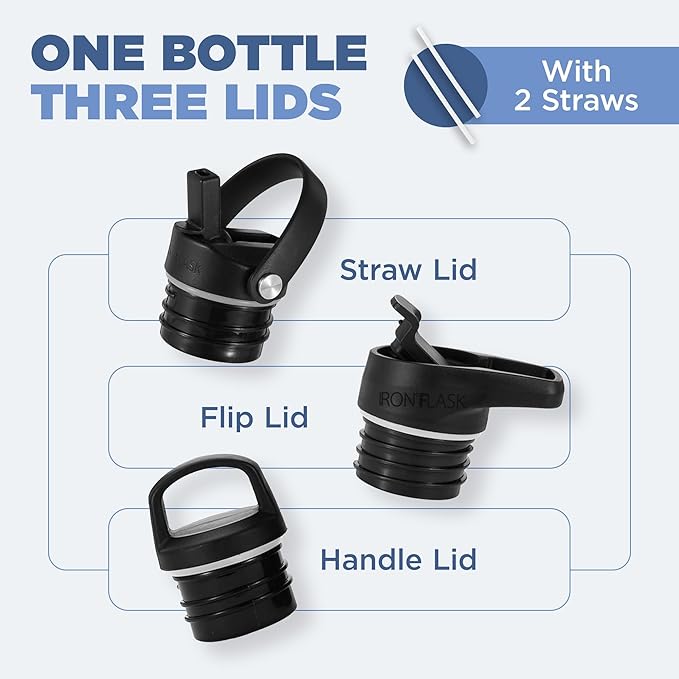 IRON °FLASK Camping & Hiking Hydration Canteens - 3 Lids (Narrow Straw Lid) Leak Proof Vacuum Insulated Stainless Steel - Hot & Cold Double Walled Sports Water Bottle - Elemental Gray, 24 Oz