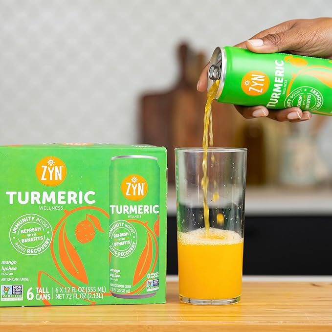 ZYN Turmeric Wellness Drink (6 Pack), Mango Lychee Flavored Turmeric Curcumin Drink with Black Pepper, No Added Sugar, Low Carb & Low Calorie Drink, Clean Alternative